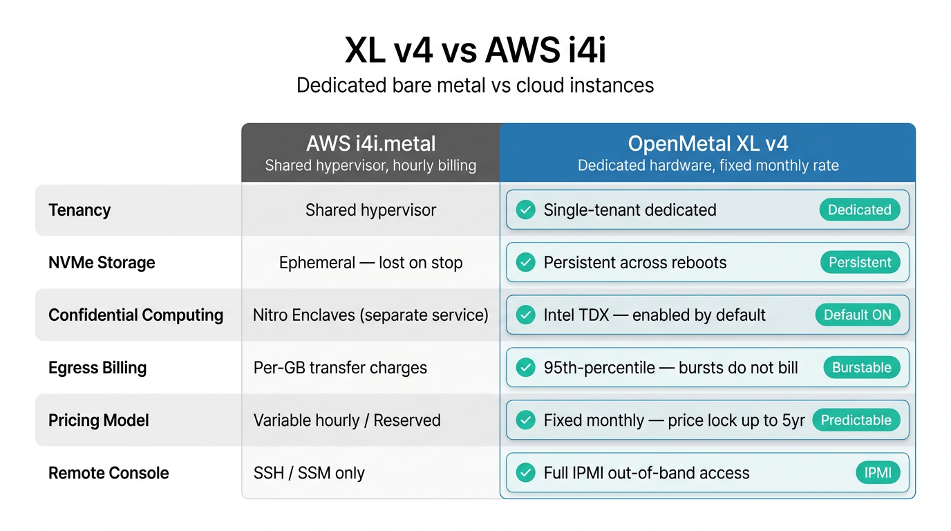 Comparison graphic showing OpenMetal XL v4 vs AWS i4i dedicated storage pricing and feature differences.