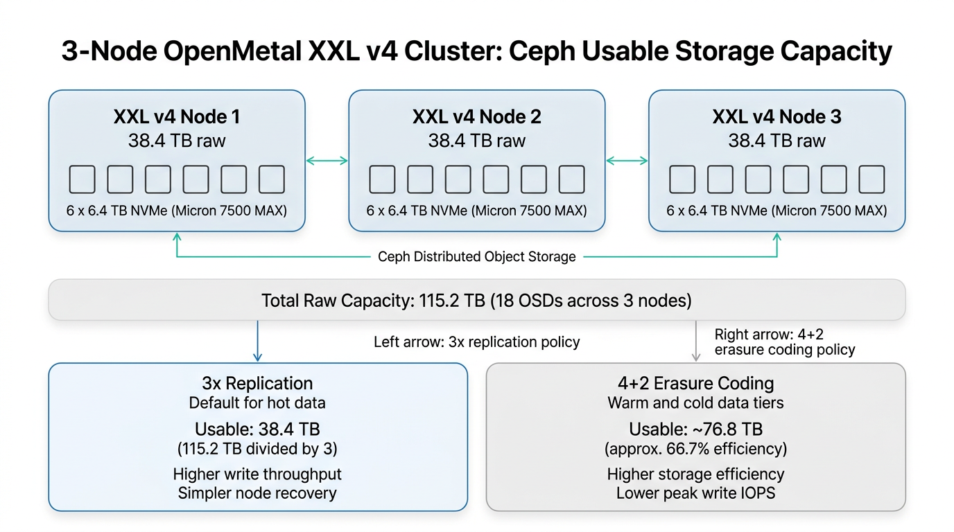 Storage architecture diagram showing three XXL v4 nodes with Ceph replication and usable NVMe capacity.