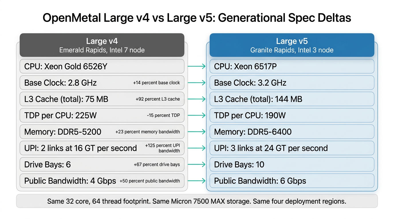 Comparison graphic showing OpenMetal Large v4 (Emerald Rapids) on the left and Large v5 (Granite Rapids) on the right with key spec deltas in rows.