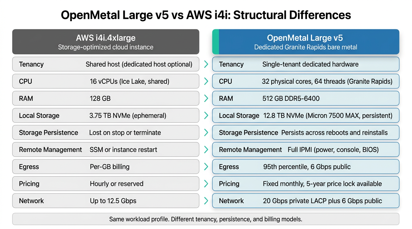Comparison graphic with AWS i4i.4xlarge on the left and OpenMetal Large v5 highlighted on the right, contrasting tenancy, cores, RAM, storage persistence, egress model, IPMI, and pricing.