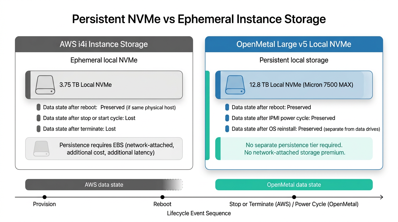 Comparison graphic showing AWS i4i instance NVMe losing contents on stop and terminate versus OpenMetal Large v5 NVMe persisting across reboots, reinstalls, and lifecycle events.