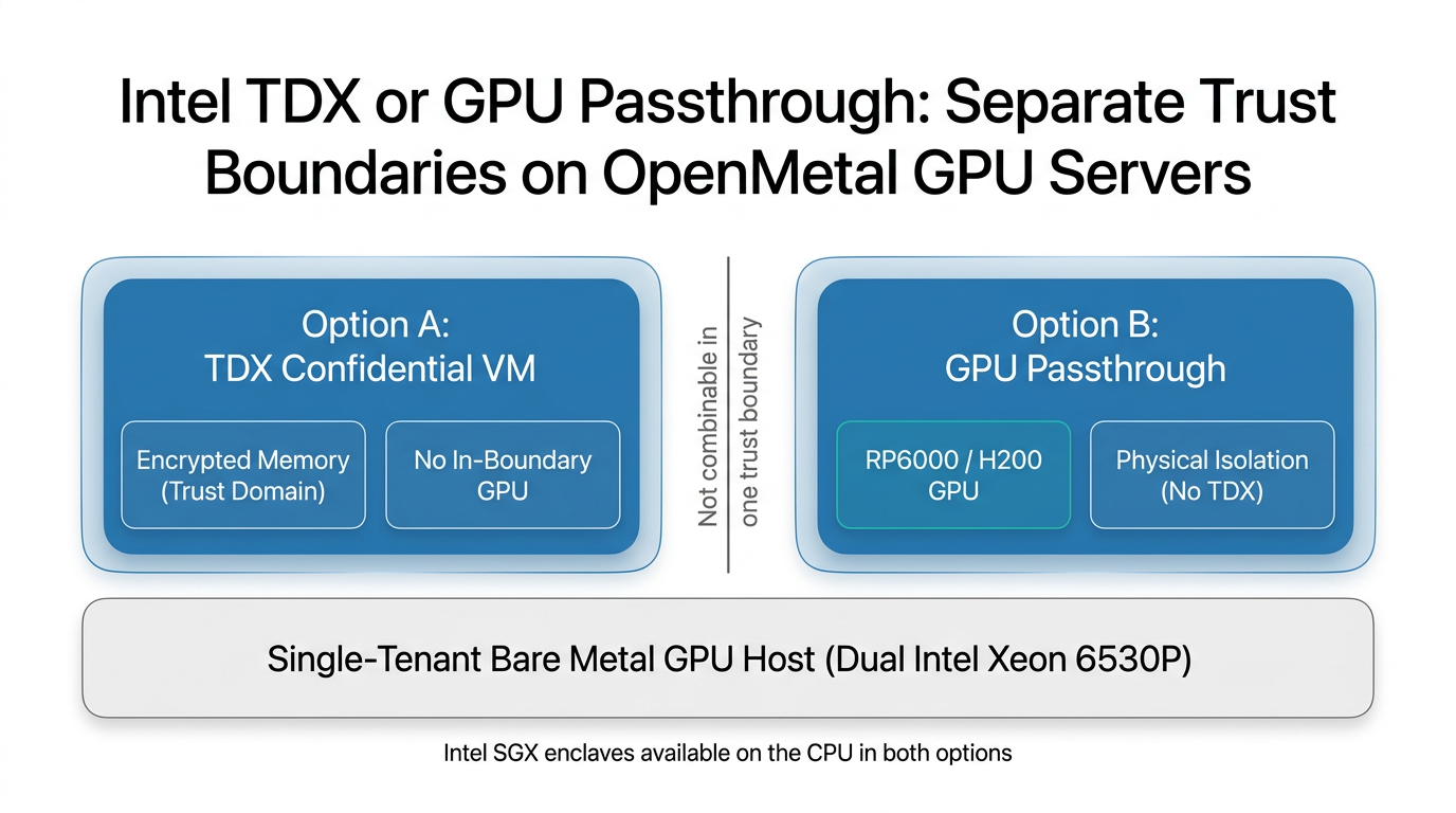Security diagram: two mutually exclusive options on an OpenMetal GPU host, a TDX confidential VM or GPU passthrough, not both.
