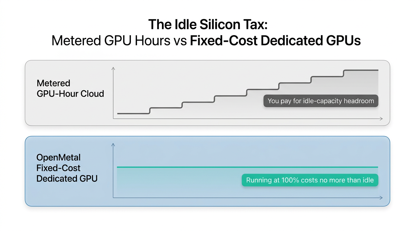 Concept illustration contrasting metered GPU-hour billing with OpenMetal's flat fixed-cost model where full utilization costs no more than idle.