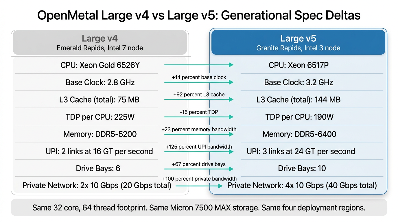 Comparison graphic showing OpenMetal Large v4 (Emerald Rapids) on the left and Large v5 (Granite Rapids) on the right with key spec deltas in rows.