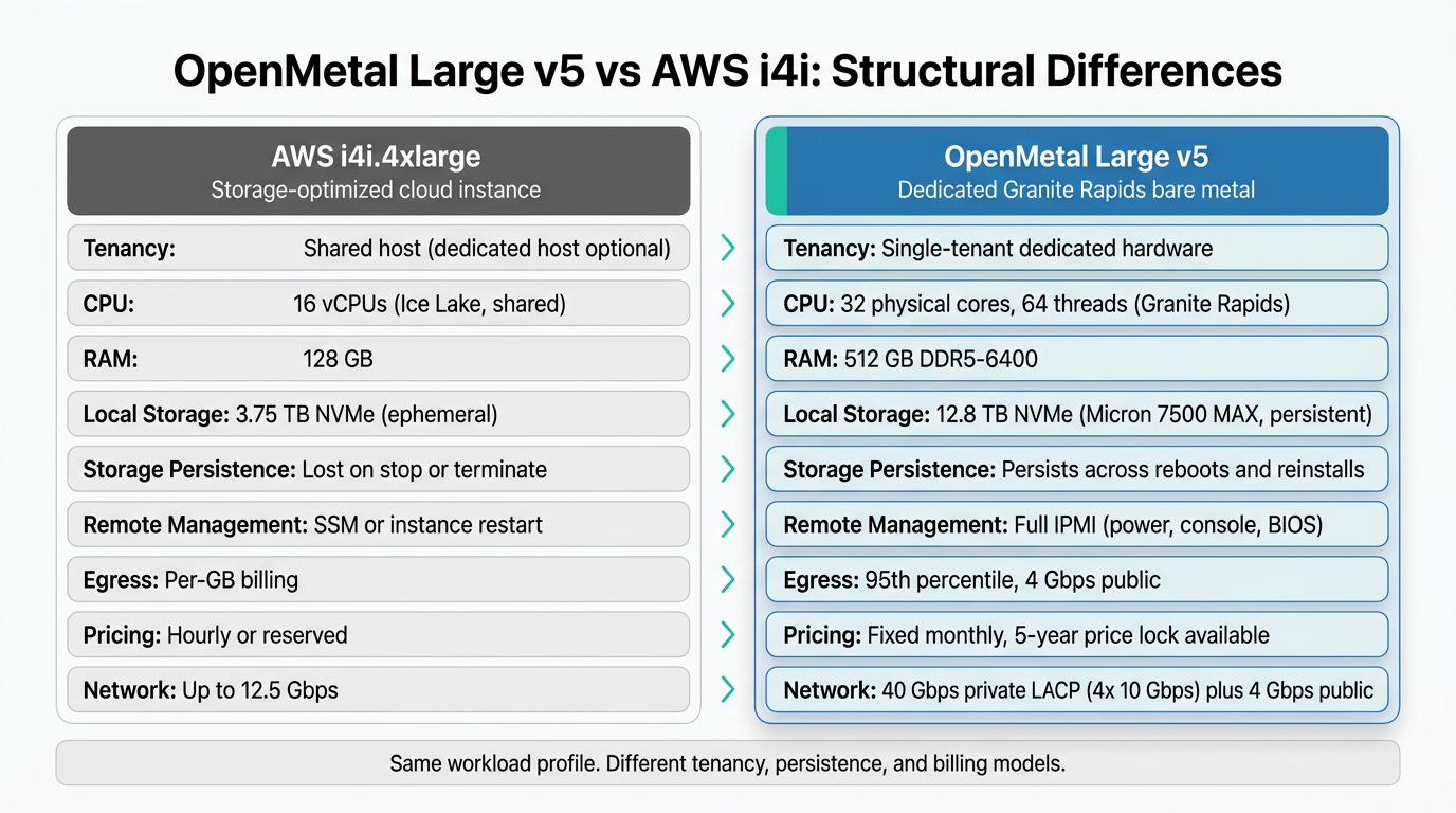 Comparison graphic with AWS i4i.4xlarge on the left and OpenMetal Large v5 highlighted on the right, contrasting tenancy, cores, RAM, storage persistence, egress model, IPMI, and pricing.