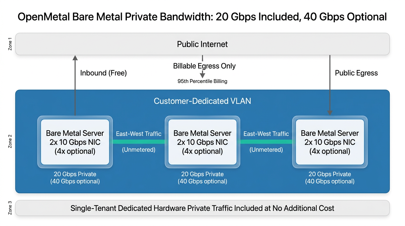 Network topology showing three bare metal servers connected via a 20 Gbps default (upgradeable to 40 Gbps) unmetered private VLAN with separate billable public egress path.