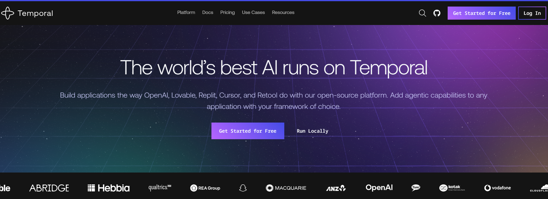 A screenshot of the Temporal homepage header